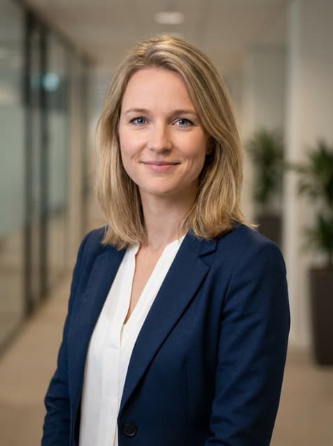 Structured jacket, white blouse - Neutral corporate hallway